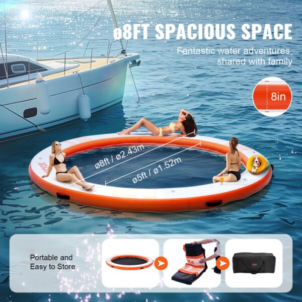 VEVOR inflatable floating dock with 8ft spacious space, shown with a boat and people relaxing in water.