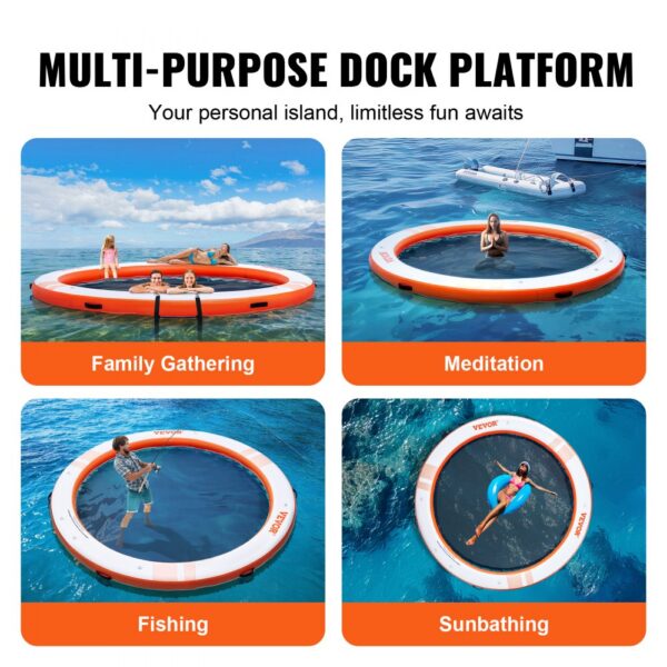 VEVOR inflatable floating dock for family gatherings, meditation, fishing, and sunbathing fun on water.