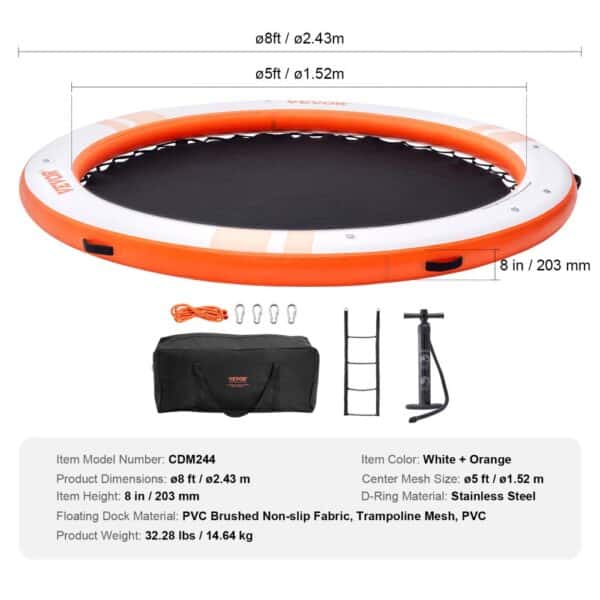 VEVOR inflatable floating dock, 8ft diameter, orange and white with accessories including bag and pump.