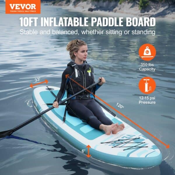 person paddling on a 10ft VEVOR inflatable paddle board with 350 lbs capacity and 12-15 psi pressure.