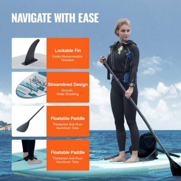 VEVOR inflatable paddle board - lockable fin, streamlined design, floatable paddle for easy navigation.