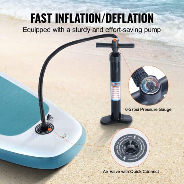 VEVOR inflatable paddle board pump with 27psi pressure gauge and air valve on a sandy beach.