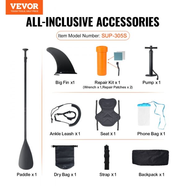 VEVOR inflatable paddle board accessories include paddle, big fin, repair kit, pump, seat, and more.