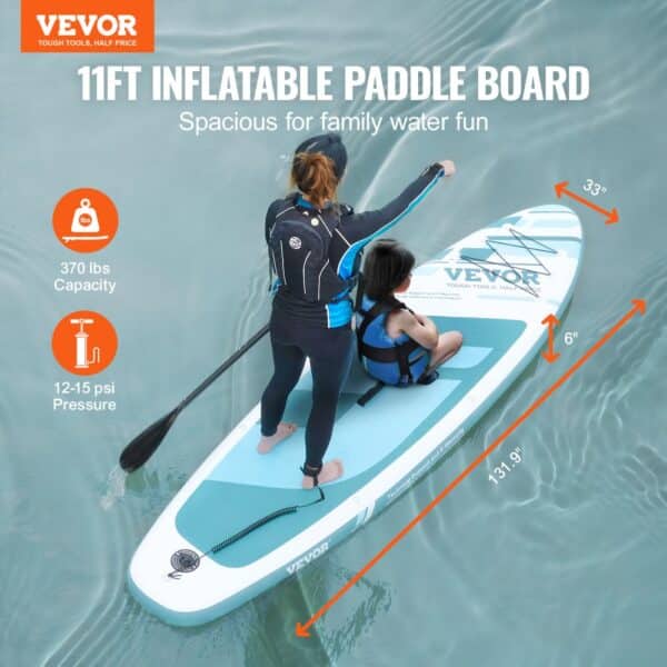 VEVOR Inflatable Stand Up Paddle Board, 11' x 33" x 6" Wide SUP Paddleboard, with Board Accessories, Pump, Paddle, Fin, Phone Bag, Backpack, Ankle Leash, Repair Kit, Non-slip Deck for Youth & Adults