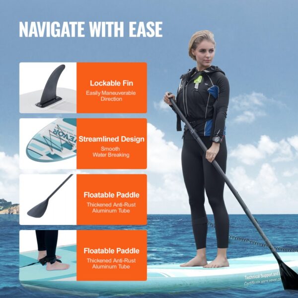 VEVOR inflatable stand up paddle board features lockable fin, streamlined design, and floatable paddle.