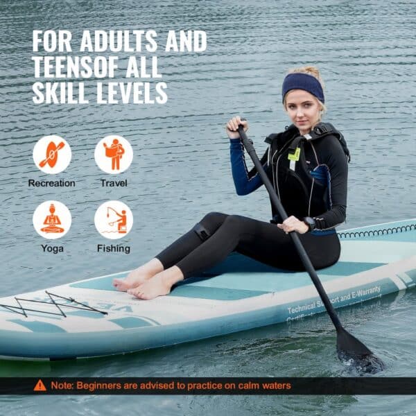 person sits on VEVOR inflatable stand up paddle board; promotes recreation, travel, yoga, and fishing.