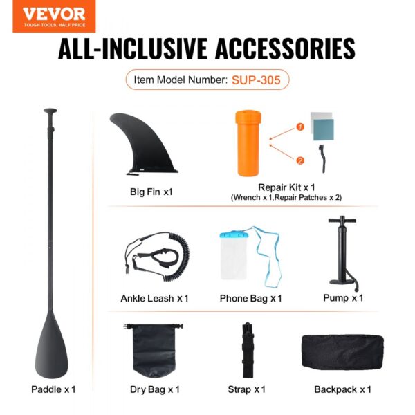 VEVOR inflatable stand up paddle board accessories: paddle, big fin, pump, repair kit, leash, bags, strap.