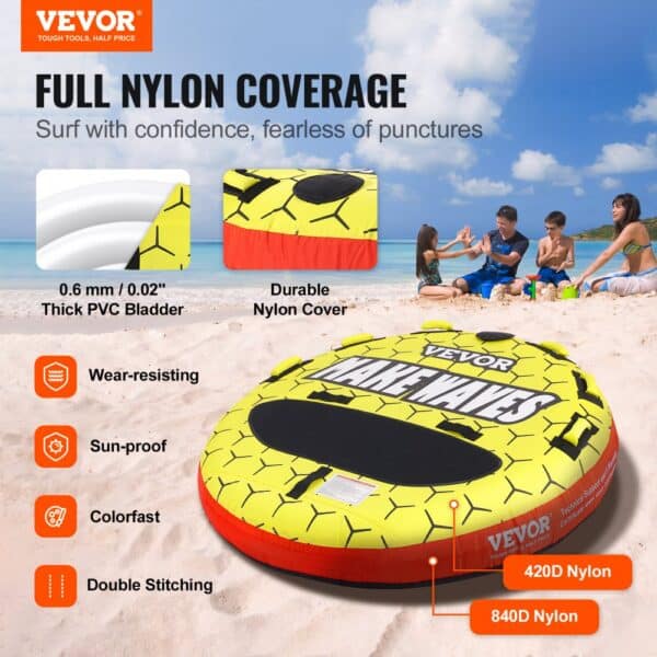 VEVOR towable tube with durable nylon cover, wear-resisting, sun-proof, and colorfast features on the beach.