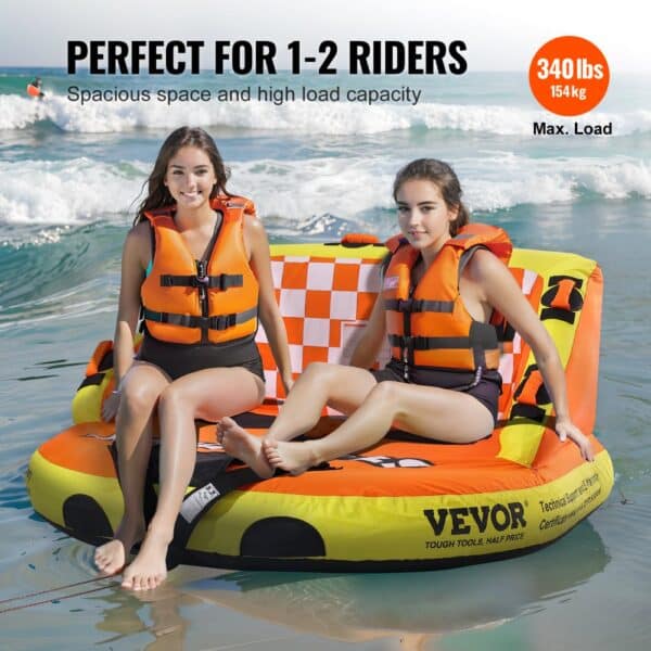 two women in life vests sitting on a VEVOR towable tube on the water, perfect for 1-2 riders.