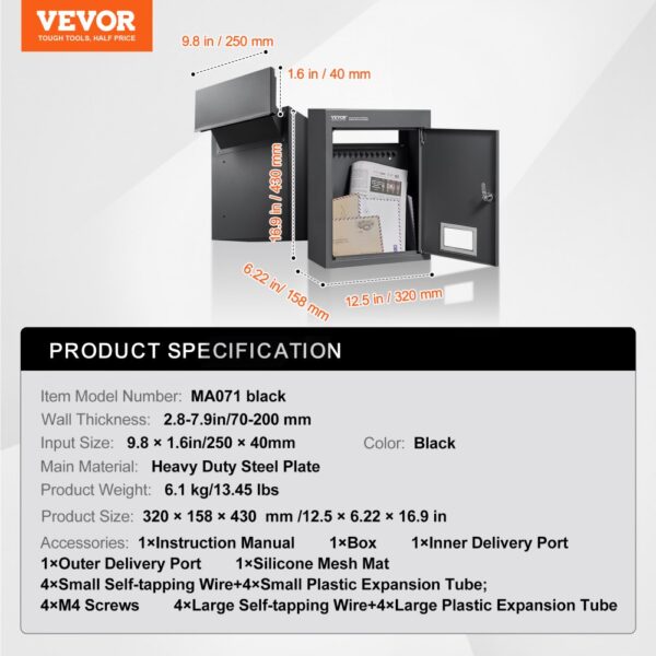 VEVOR through the wall drop box with dimensions and product specifications displayed. black color.