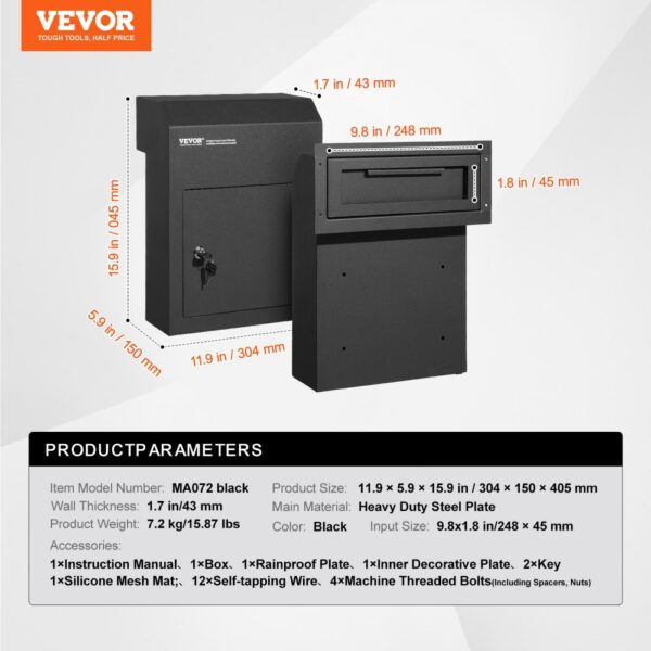 VEVOR key drop box, black, heavy-duty steel, 11.9x5.9x15.9 inches, product specifications detailed.