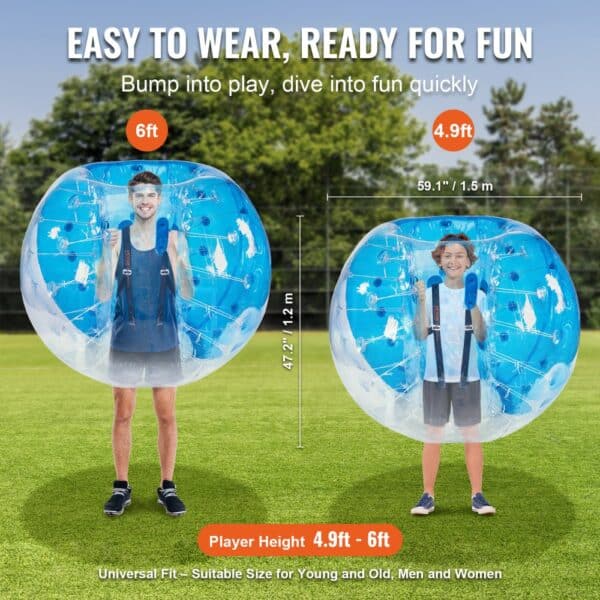 VEVOR inflatable bumper ball for players 4.9ft to 6ft; universal fit for all ages, 59.1" diameter.