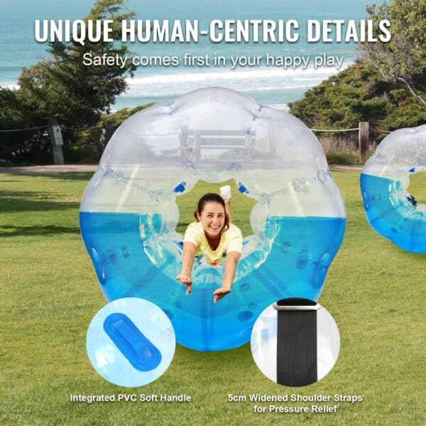 VEVOR inflatable bumper ball with pvc handles and wide shoulder straps, set in a grassy parkland scene.