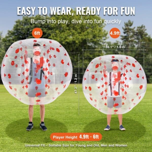 VEVOR inflatable bumper ball, 47.2" and 59.1" sizes, player height 4.9ft-6ft, on a grassy field.
