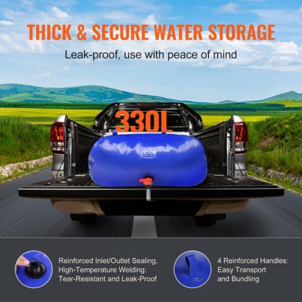 VEVOR water tank 330l on a truck bed, ideal for thick and secure water storage.