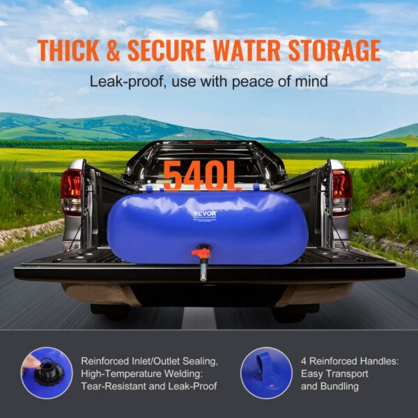 VEVOR water storage bladder in truck bed, 540l capacity, leak-proof, blue with reinforced handles.