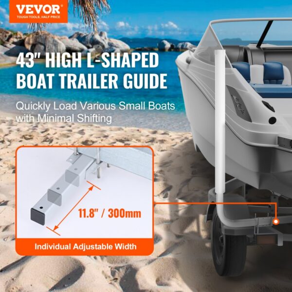 VEVOR boat trailer guide on sandy beach with adjustable width of 11.8 inches, quick loading for small boats.