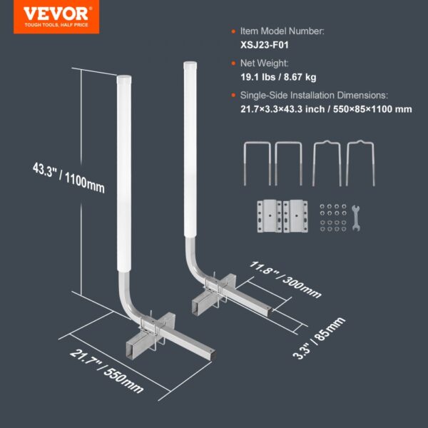 VEVOR boat trailer guide model xsj23-f01 with installation dimensions and supporting hardware.