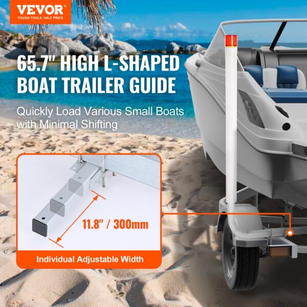 VEVOR marine trailer guide set on a sandy beach with a boat, showcasing adjustable width and l-shaped design.