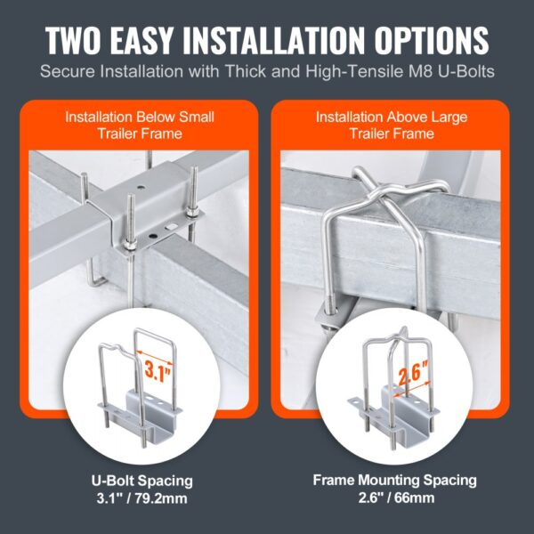 VEVOR marine trailer guide set with two installation options: below small trailer frame, above large frame.