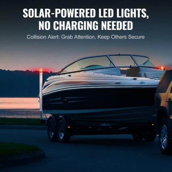 VEVOR marine trailer guide set with solar-powered led lights at sunset, highlighting safety features.