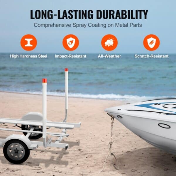 VEVOR marine trailer guide set on beach, showcasing durability, impact resistance, and all-weather use.