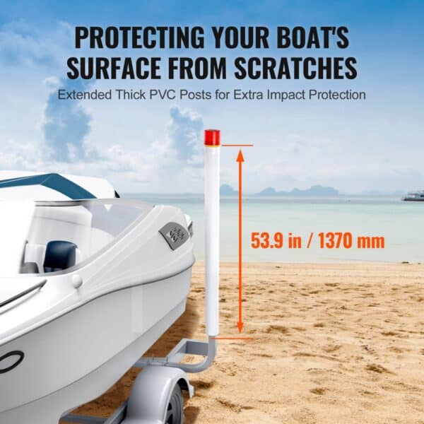 VEVOR marine trailer guide set with 53.9-inch pvc posts for impact protection near a beach.