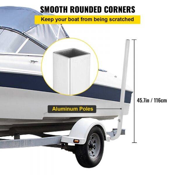 VEVOR boat trailer guide-ons with aluminum poles protecting a boat on a trailer with smooth rounded corners.