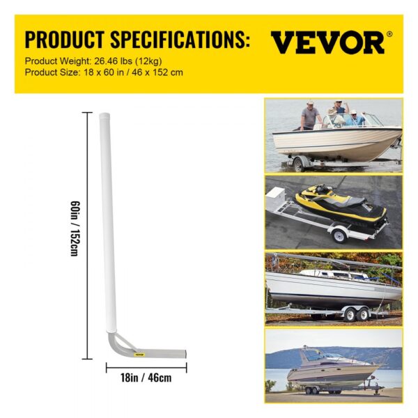 VEVOR boat trailer guide-on, 60in pole, 18x60in base, supporting various boats like speedboats and jet skis.