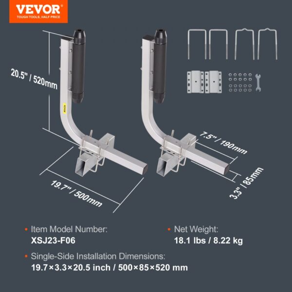 VEVOR marine trailer guides dimensions and details, model xsj23-f06, 19.7x3.3x20.5 inch, 18.1 lbs.