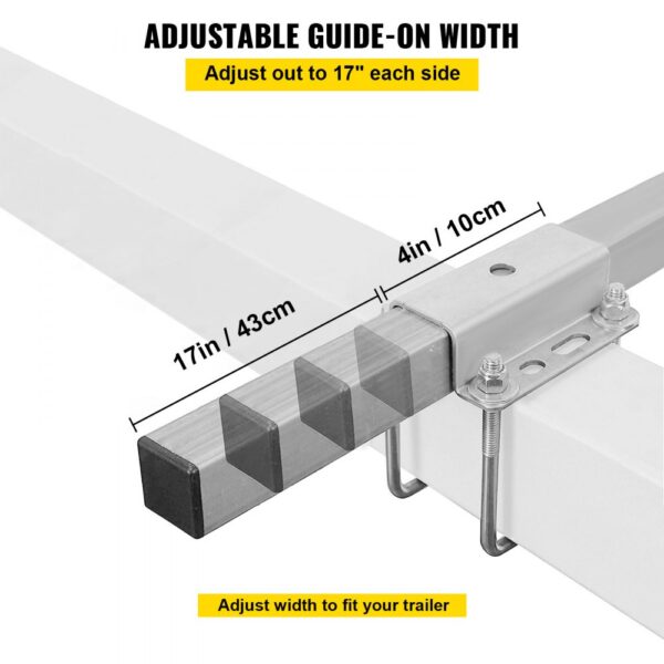 VEVOR boat trailer guide showing adjustable guide-on width with measurements labeled in inches and centimeters.