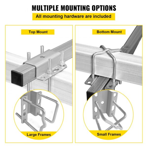 VEVOR boat trailer guide with multiple mounting options for large and small frames, hardware included.