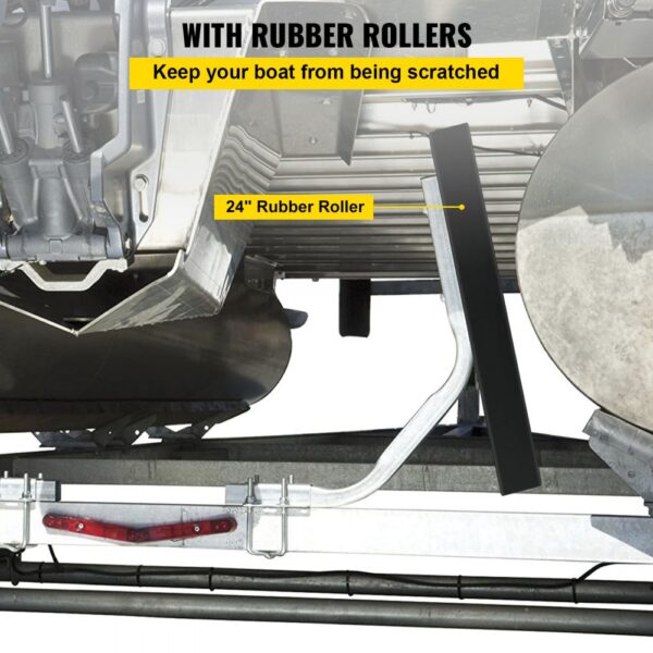 VEVOR boat trailer guide with 24" rubber roller to prevent boat scratching, mounted for stability.