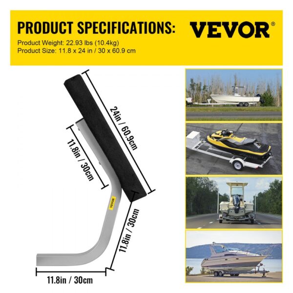 VEVOR boat trailer guide product specs: 22.93 lbs, 11.8x24 in, fits various boat styles and sizes.