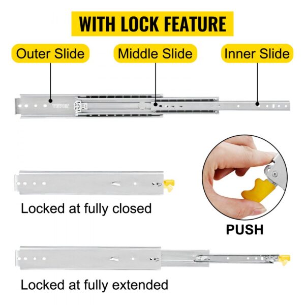 VEVOR heavy duty drawer slides with lock feature, showing outer, middle, inner slides.