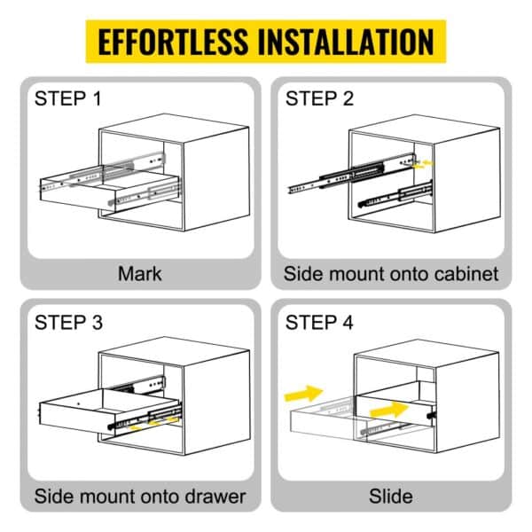 effortless installation steps for VEVOR heavy duty drawer slides in four diagrams.