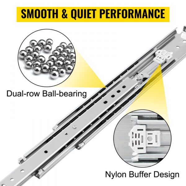 VEVOR heavy duty drawer slides with dual-row ball-bearing and nylon buffer design.