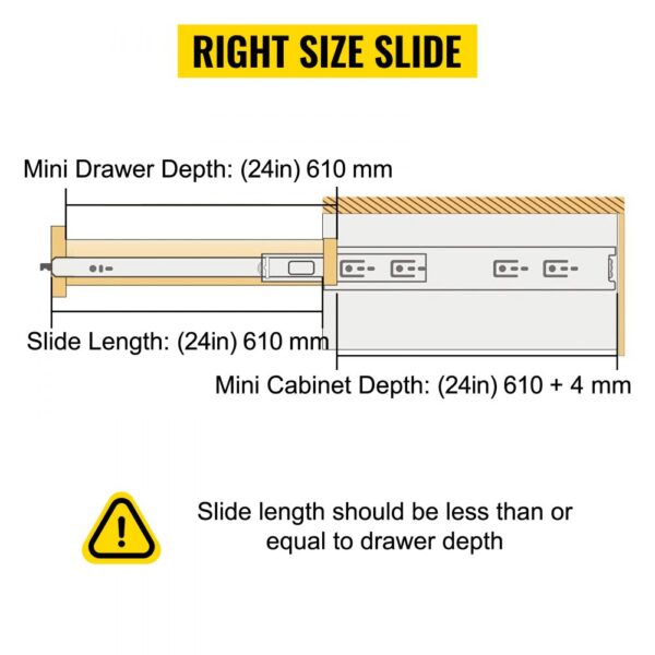 right size slide dimensions for VEVOR heavy duty drawer slides, 24in length and 610 mm depth.