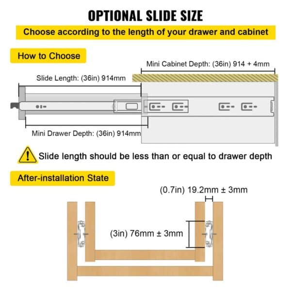 VEVOR heavy duty drawer slides installation guide showing sizes and measurements.