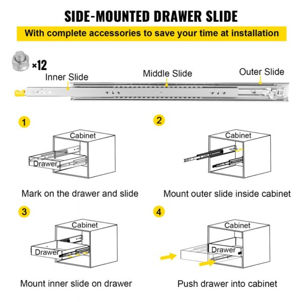 VEVOR heavy duty drawer slides installation guide showing step-by-step mounting process.