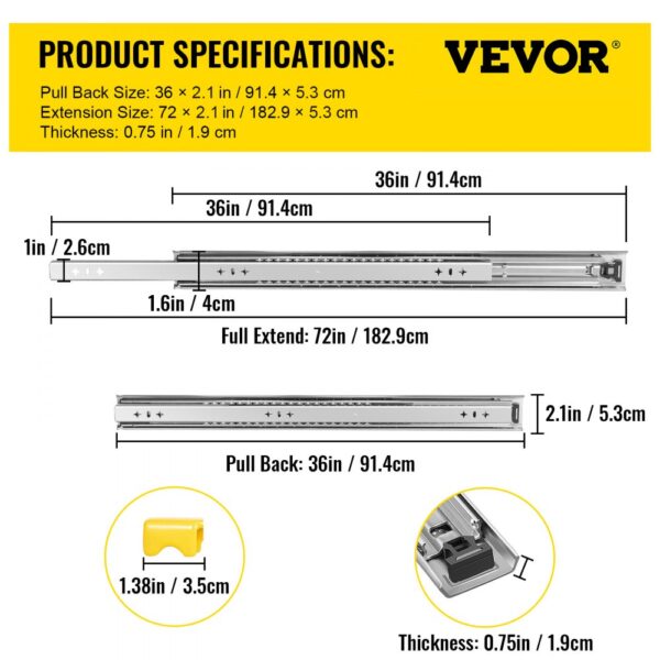 VEVOR heavy duty drawer slides, 36in pull back, 72in full extend, 0.75in thickness.