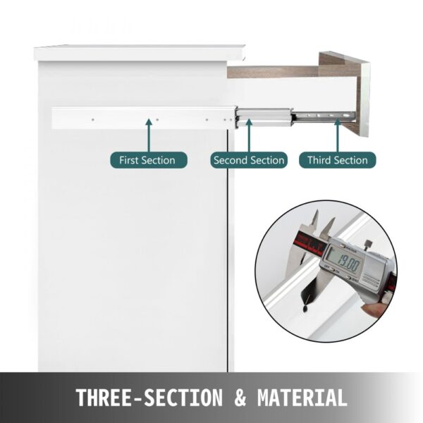 three-section VEVOR heavy duty drawer slides in cabinet with digital caliper measurement.