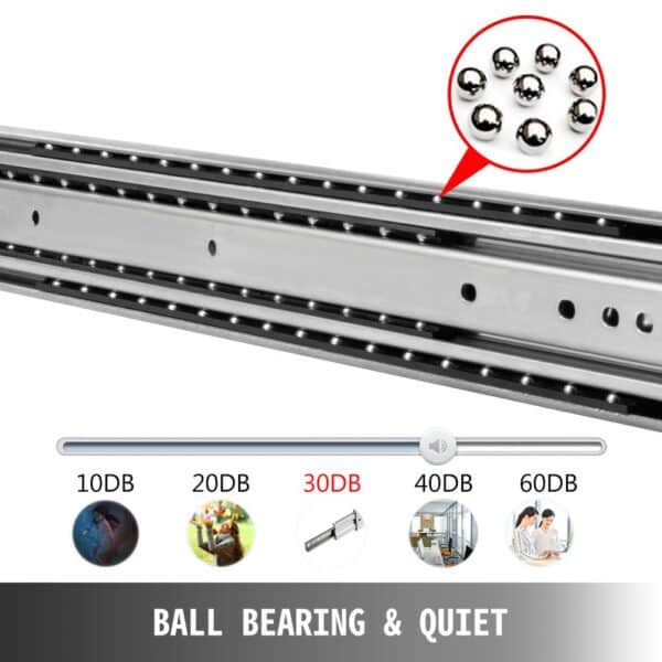 VEVOR heavy duty drawer slides with ball bearings, showcasing noise reduction levels.