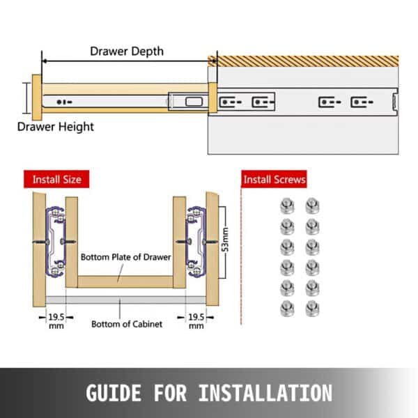 installation guide for VEVOR heavy duty drawer slides with dimensions and screws.