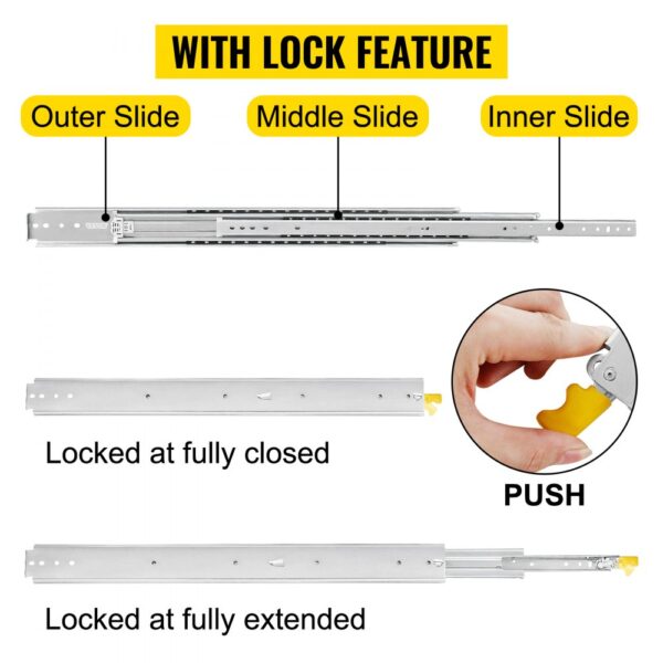 VEVOR heavy duty drawer slides with lock feature, showing outer, middle, inner slides.