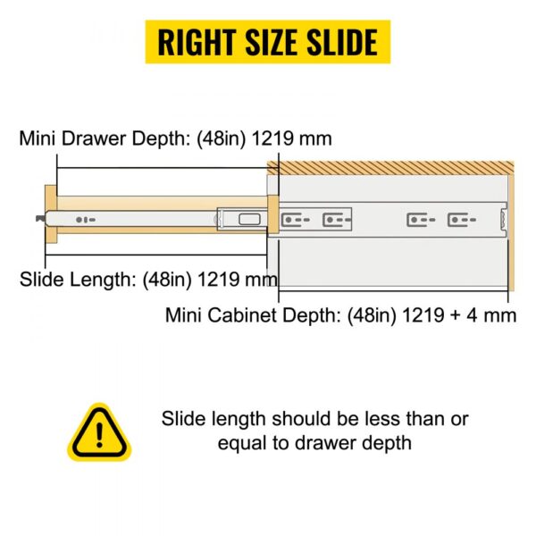 VEVOR heavy duty drawer slides size guide with drawer and cabinet dimensions.