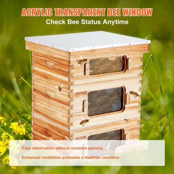 VEVOR Bee Hive 30 Frame Bee Hives Starter Kit, Beeswax Coated Cedar Wood, 2 Deep + 1 Medium Bee Boxes Langstroth Beehive Kit, Transparent Acrylic Windows with Foundations for Beginners Pro Beekeepers