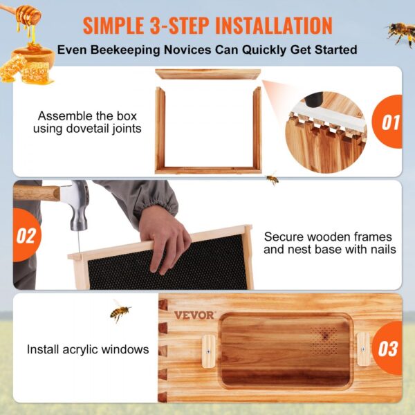 VEVOR Bee Hive 30 Frame Bee Hives Starter Kit, Beeswax Coated Cedar Wood, 2 Deep + 1 Medium Bee Boxes Langstroth Beehive Kit, Transparent Acrylic Windows with Foundations for Beginners Pro Beekeepers