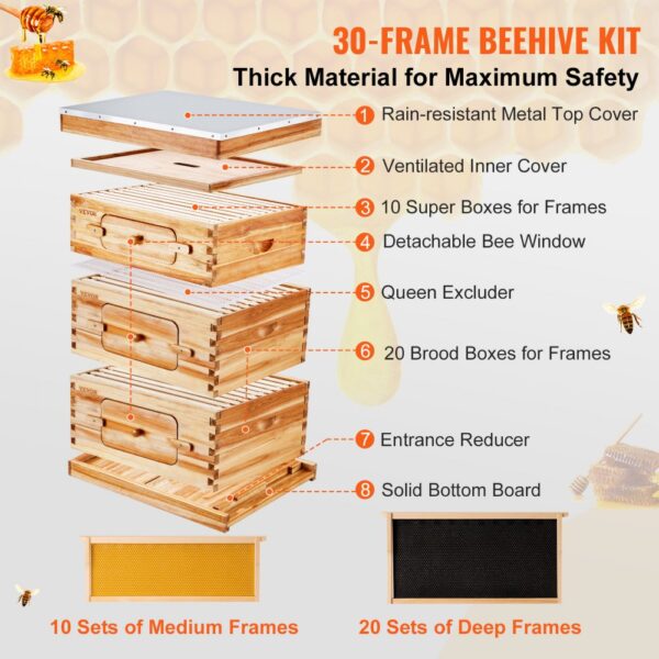 VEVOR Bee Hive 30 Frame Bee Hives Starter Kit, Beeswax Coated Cedar Wood, 2 Deep + 1 Medium Bee Boxes Langstroth Beehive Kit, Transparent Acrylic Windows with Foundations for Beginners Pro Beekeepers