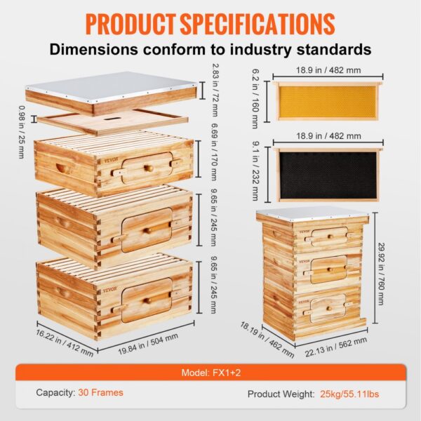 VEVOR Bee Hive 30 Frame Bee Hives Starter Kit, Beeswax Coated Cedar Wood, 2 Deep + 1 Medium Bee Boxes Langstroth Beehive Kit, Transparent Acrylic Windows with Foundations for Beginners Pro Beekeepers